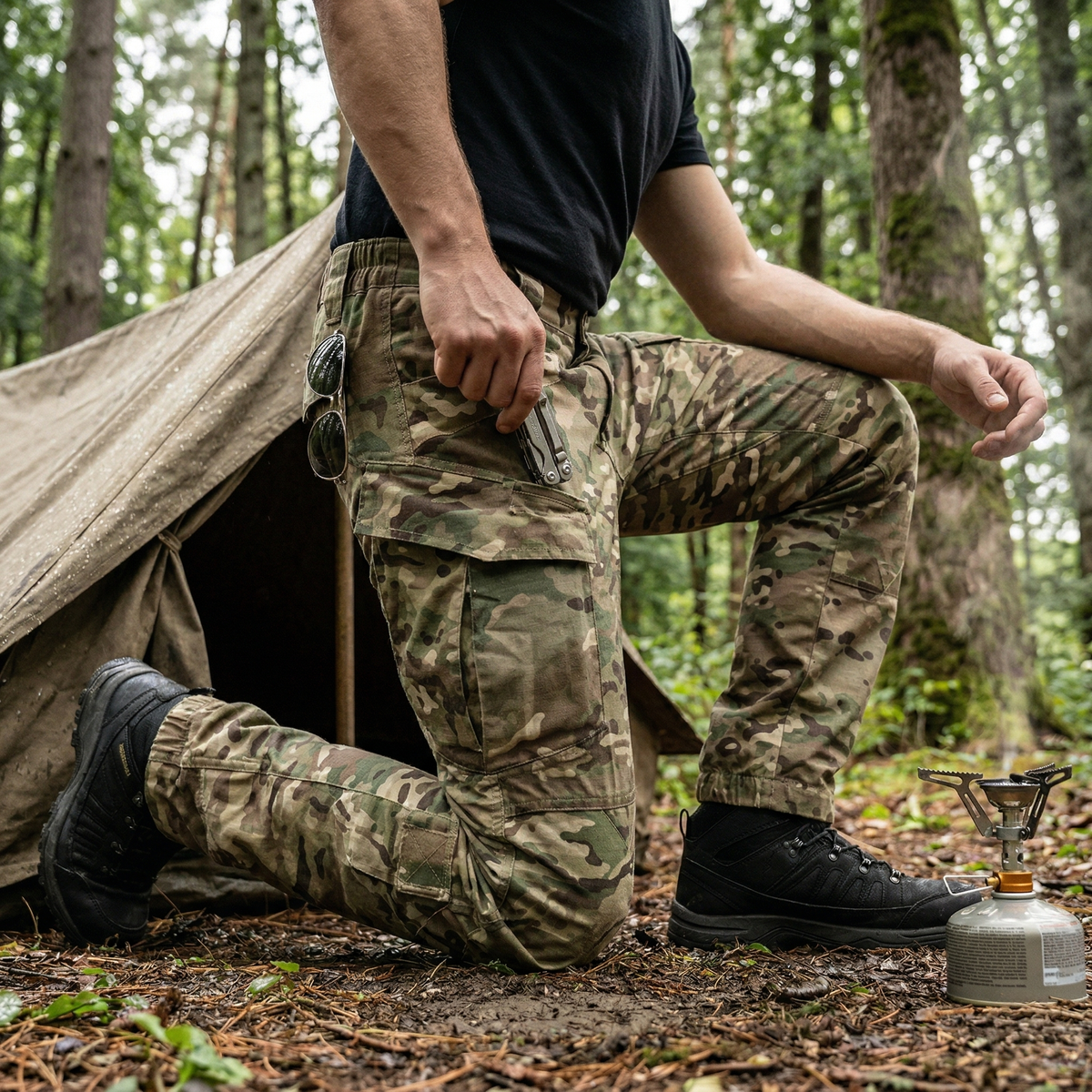 Pantalon de randonnée homme | Camouflage multi poches coupe ajustée