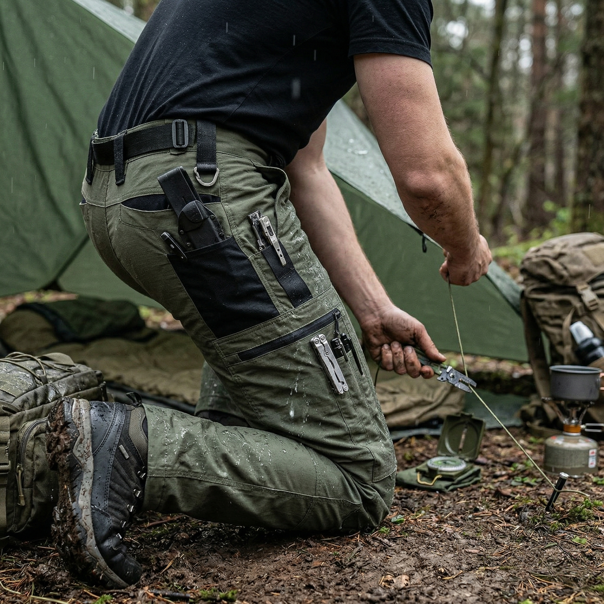 Pantalon de randonnée homme | Imperméable poches zippées coupe ajustée